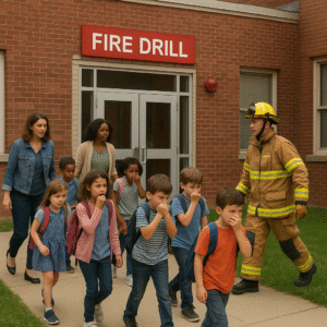 “Students participating in a fire mock drill at school”